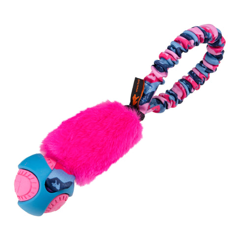 Leke i lommestørrelse med giftfri ball, rosa fuskepels og rosa strikkhåndtak.